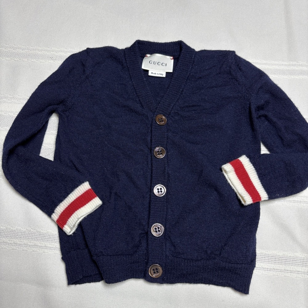 Gucci Sweater Boy Baby 6-9 Month Navy Blue Web Trim Wool Nautical Cardigan